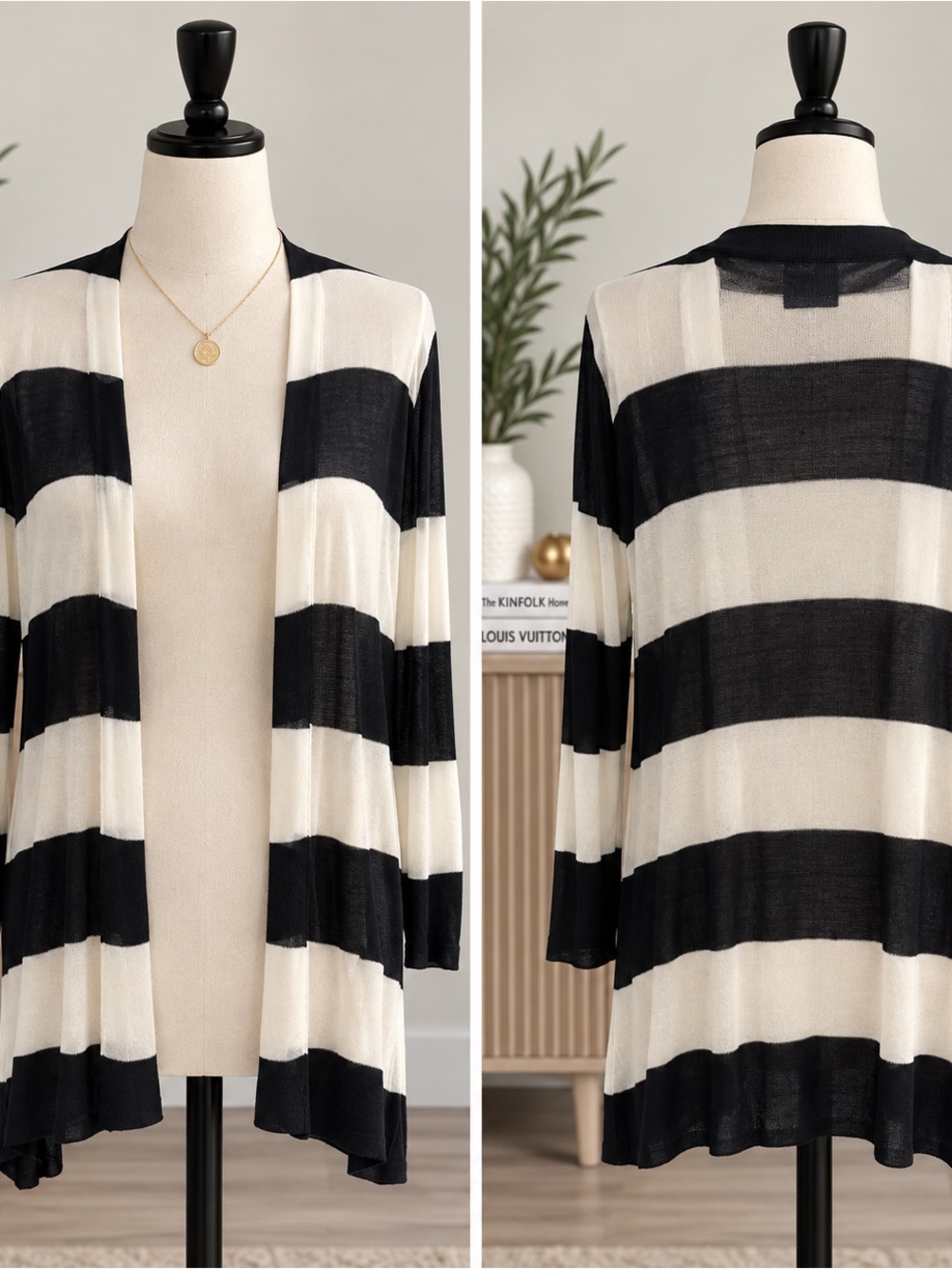Premise Black & Ivory Striped Open Front Cardigan Size M